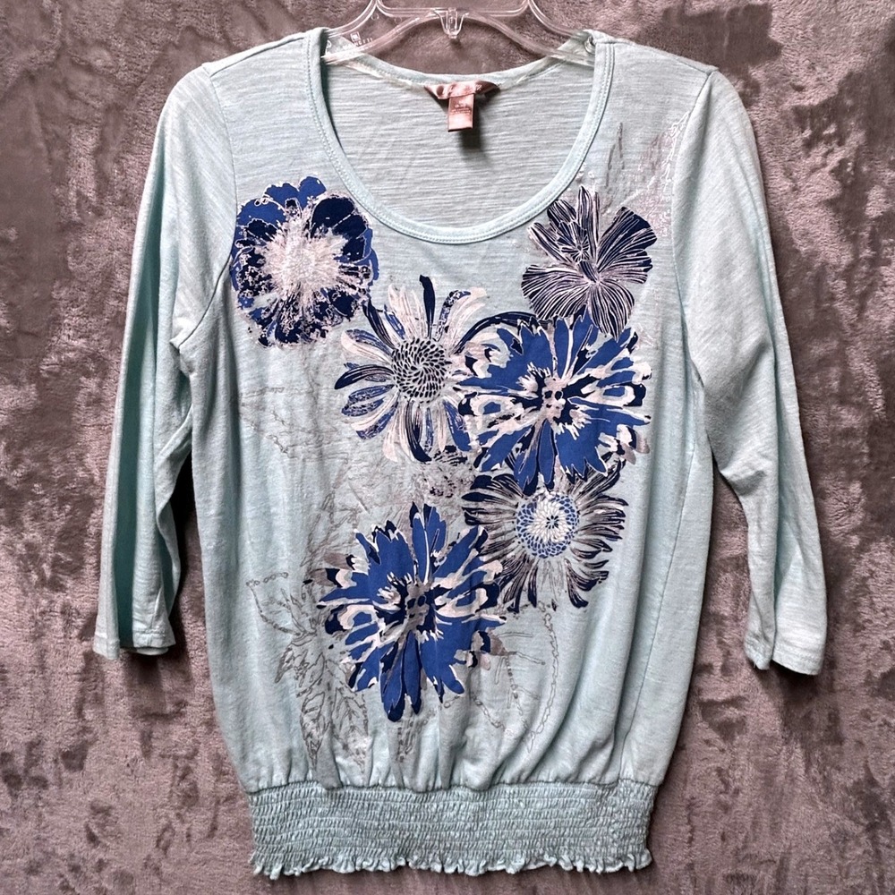 White Stag Floral Top Women M Mint Green Blue 3/4 Sleeve Smocked Waist Boho Knit